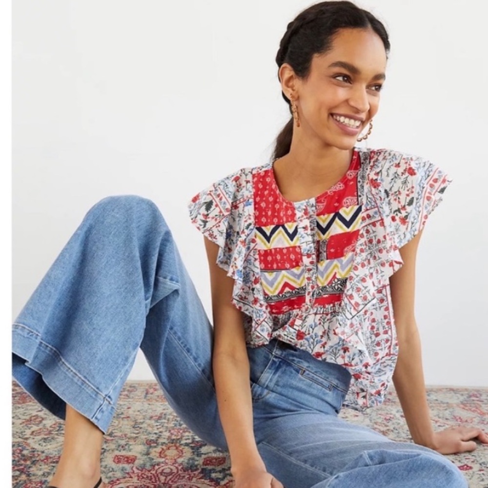 Anthropologie Blue and Red Ruffled Bib Collar Blouse. Like new!